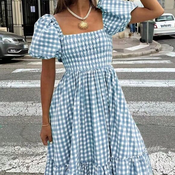Dresses & Skirts - Blue And White Casual Women's & Plaid Elegant Bohemian Dress With Waist Cinching